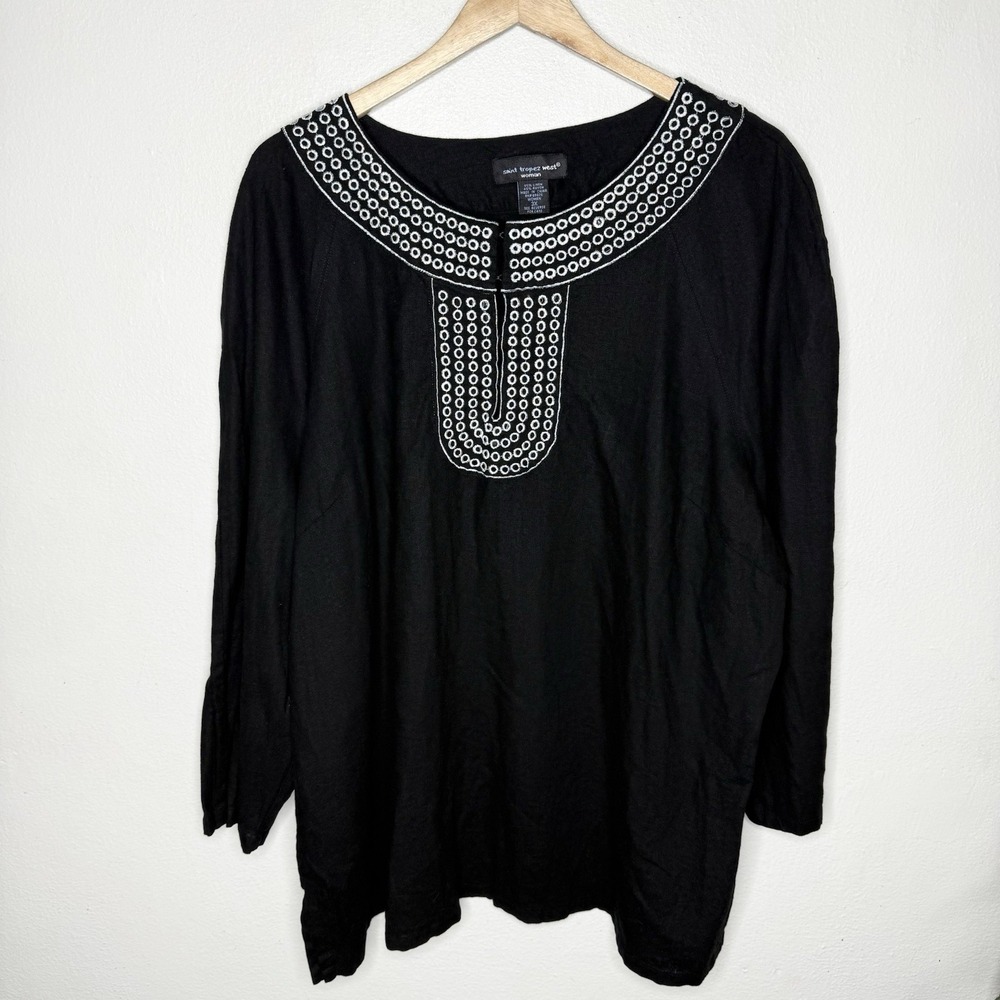Saint Tropez West Black White Embroidered Linen Blend Tunic Top Women's 3X